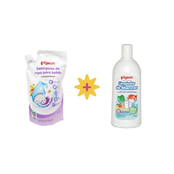 Pack líquido limpiador mamaderas, 450 ml + recarga detergente ropa bebé, 450 ml Pigeon - babytuto.com
