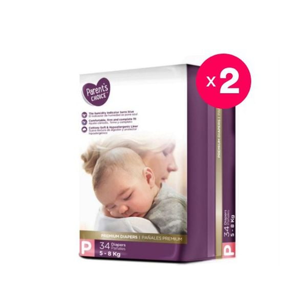 Pack 2 pañales desechables premium, talla P, 34 uds c/u, Parent´s Choice  Parent's Choice - babytuto.com