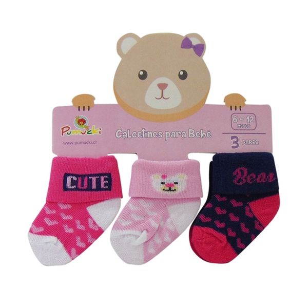 Set de 3 pares de calcetines para bebé fucsia corazones, Pumucki Pumucki - babytuto.com