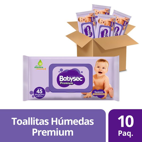 Caja de 10 toallitas húmedas premium aloe vera y vitamina E, 45 uds c/u,  BabySec - BabySec
