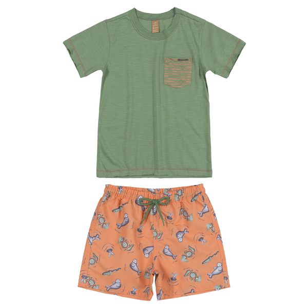 Conjunto polera y short, diseño del mar, colores verde y naranja, Up Baby  Up Baby - babytuto.com