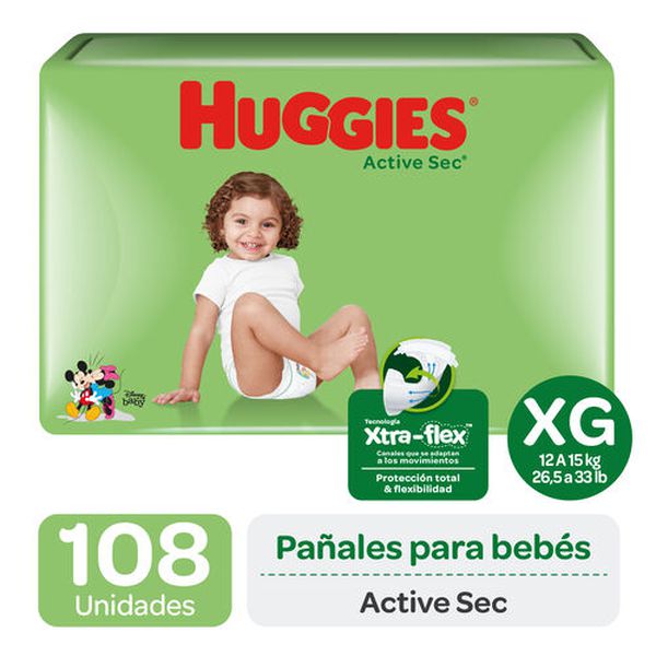 Pañales desechables active sec, talla XG, 108 un, Huggies Huggies - babytuto.com