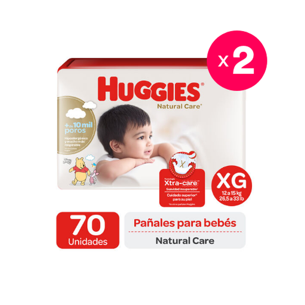 Pack de 2 pañales desechables natural care, talla XG, 70 uds c/u, Huggies  Huggies - babytuto.com