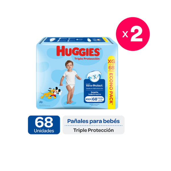 Pack de 2 pañales desechables triple protección, talla XG, 68 uds c/u, Huggies Huggies - babytuto.com