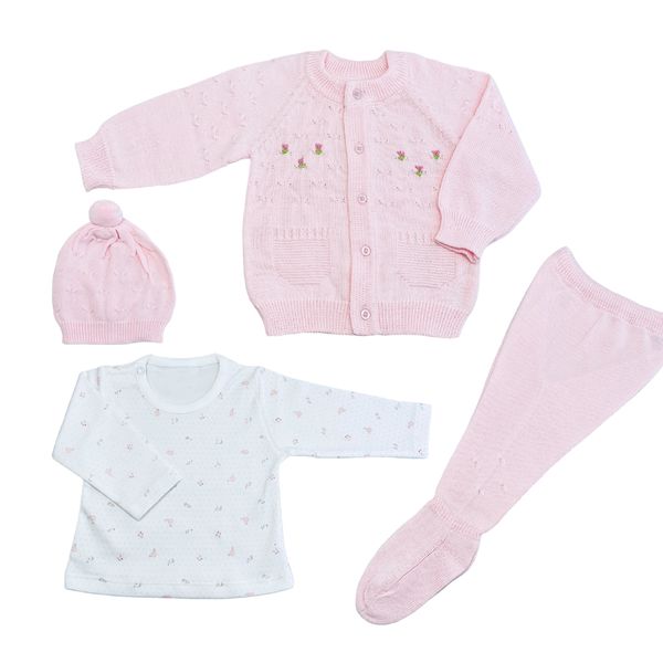 Conjunto 4 piezas tejido flowers, color rosado, Moonwear  Moonwear - babytuto.com