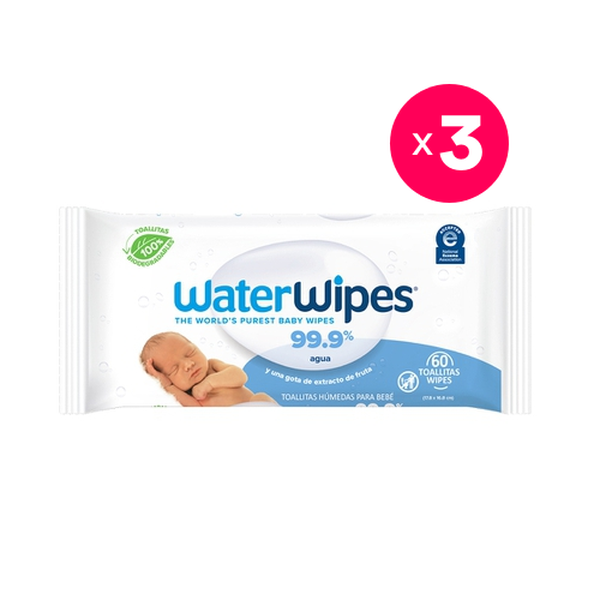 Pack 3 toallitas húmedas biodegradables, 60 uds c/u, Waterwipes Waterwipes - babytuto.com
