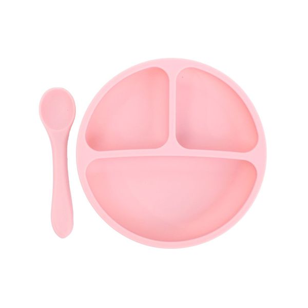 Set de plato y cuchara de silicona, color rosado, Pumucki Pumucki - babytuto.com