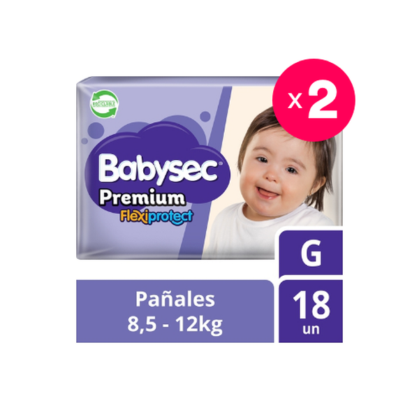 Pack 2 pañales desechables premium, talla G, 18 uds c/u, BabySec BabySec - babytuto.com