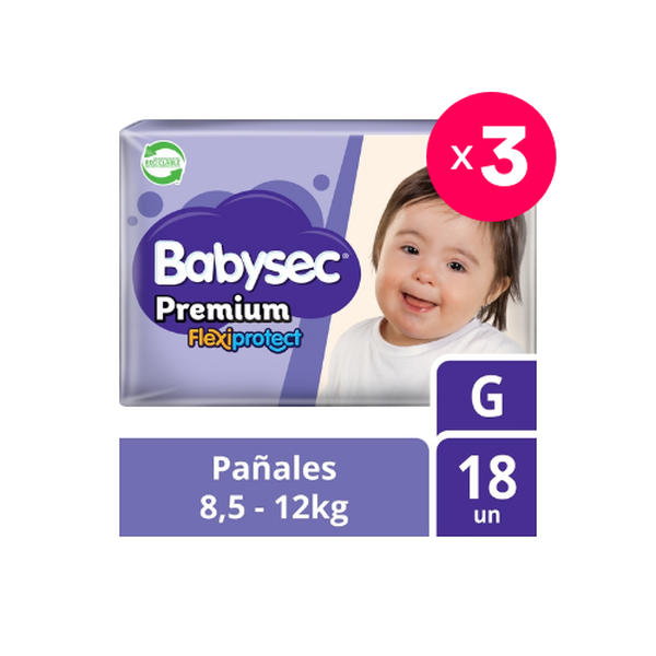 Pack de 3 pañales desechables premium, talla G, 18 uds c/u, BabySec BabySec - babytuto.com