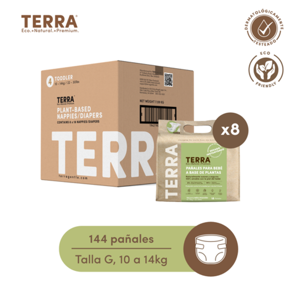 Caja 8 paquetes pañales desechables biodegradables, talla G, 18 uds c/u, Terra  Terra  - babytuto.com