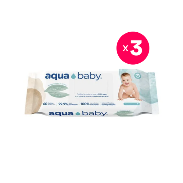 Pack de 3 toallitas húmedas biodegradables, 60 unidades c/u, Aqua Baby  Aqua Baby - babytuto.com