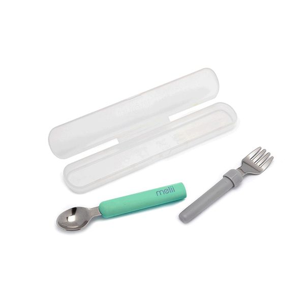 Set de cuchara y tenedor desmontable, color verde con gris, Melii Melii - babytuto.com