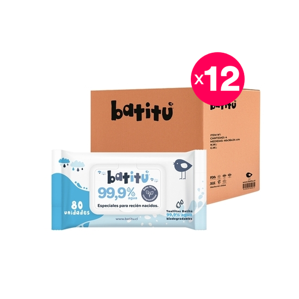 Caja de 12 toallitas húmedas 99.9% agua biodegradable, 80 uds c/u, Batitú Batitú - babytuto.com
