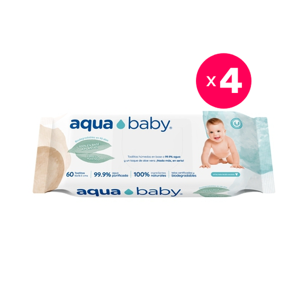 Pack de 4 toallitas húmedas biodegradables, 60 unidades c/u, Aqua Baby  Aqua Baby - babytuto.com